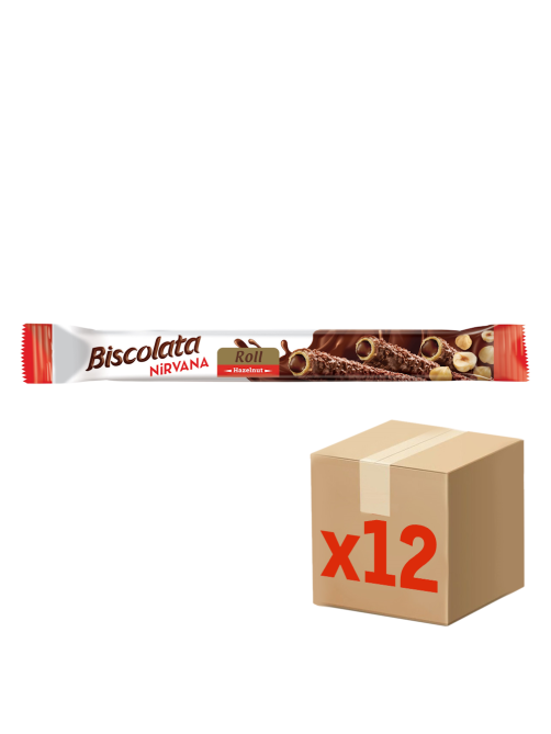 Трубочка вафельная Biscolata Nirvana Roll Hazelnut с молочным шоколадом, начинкой из лесного ореха и фундуком, 28г х 12 шт
