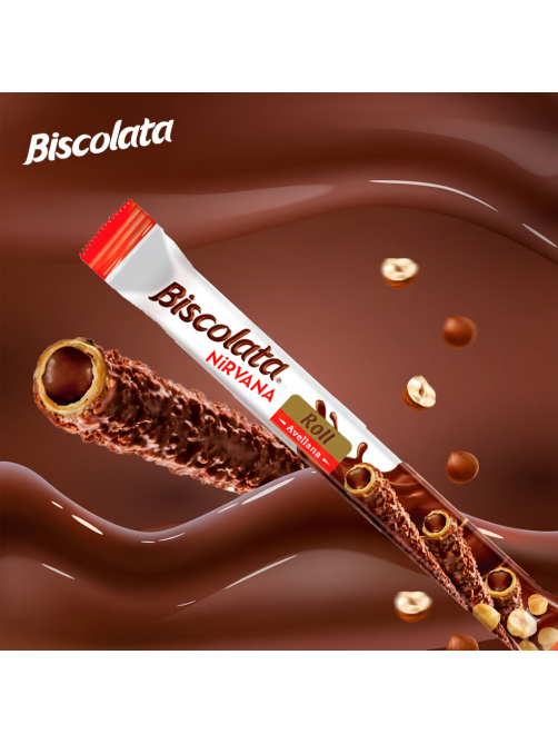 Трубочка вафельная Biscolata Nirvana Roll Hazelnut с молочным шоколадом, начинкой из лесного ореха и фундуком, 28г х 12 шт