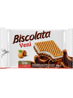 Вафля Biscolata Veni Trio Hazelnut с молочно-ореховой начинкой и фундуком, 20г
