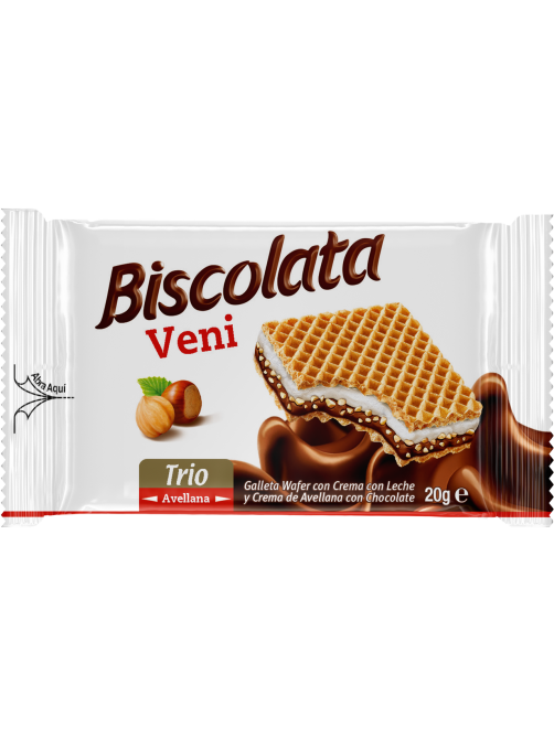 Вафля Biscolata Veni Trio Hazelnut с молочно-ореховой начинкой и фундуком, 20г