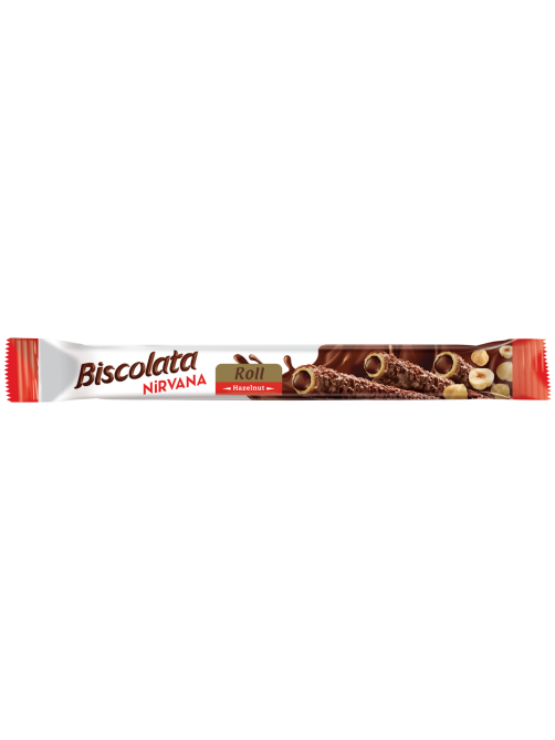 Трубочка вафельная Biscolata Nirvana Roll Hazelnut с молочным шоколадом, начинкой из лесного ореха и фундуком, 28г
