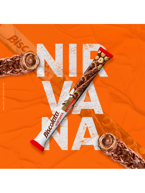 Трубочка вафельная Biscolata Nirvana Roll Hazelnut с молочным шоколадом, начинкой из лесного ореха и фундуком, 28г х 12 шт