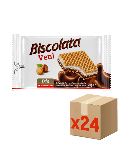 Вафля Biscolata Veni Trio Hazelnut с молочно-ореховой начинкой и фундуком, 20г х 24 шт