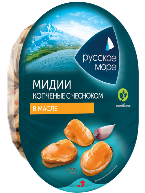 Мидии Русское море копченые с чесноком в масле, 180г