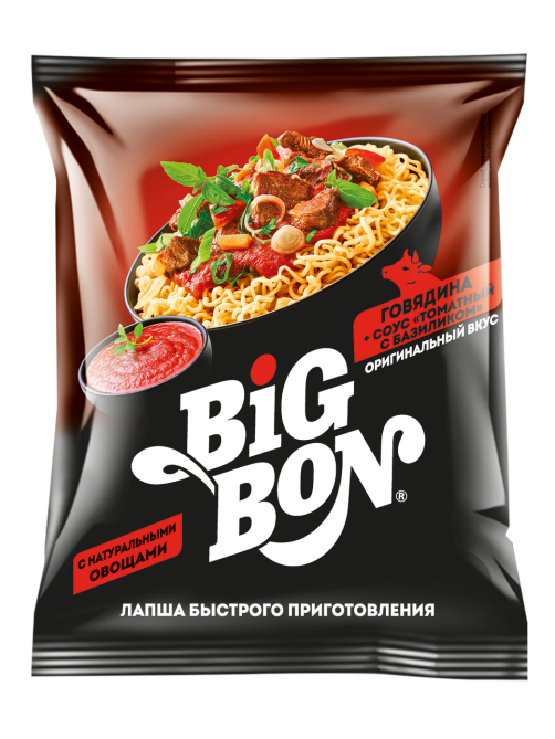 Лапша быстрого приготовления Big Bon Говядина + соус томатный с базиликом, 75г