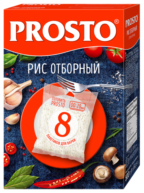 Крупа рис Prosto Отборный длиннозерный в пакете для варки (62.5г x 8шт), 500г