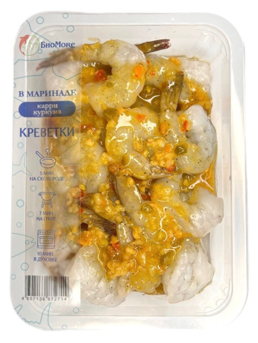 Креветки Биоморе очищенные без головы в маринаде из соуса карри с куркумой охлажденные, 500г