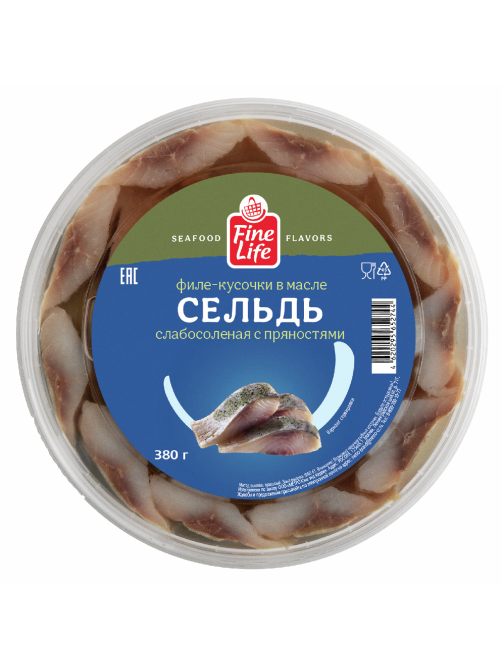 Fine Life Сельдь филе-кусочки в масле с пряностями слабосоленая, 380г