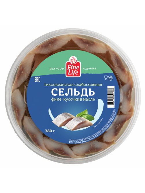Fine Life Сельдь тихоокеанская филе-кусочки слабосоленые в масле, 380г