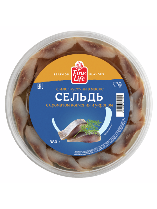 Fine Life Сельдь филе-кусочки в масле копчение с укропом слабосоленая, 380г