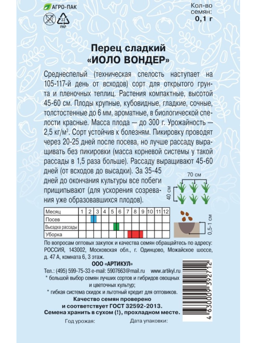 Семена Артикул Перец Сладкий Иоло Вондер, 10г