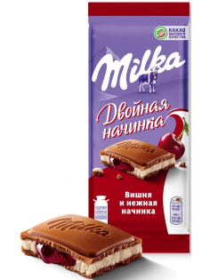 Шоколад Milka молочный двойная начинка вишня, 80г