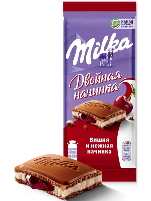 Шоколад Milka молочный двойная начинка вишня, 80г