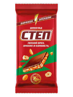 Шоколад Степ молочный с лесным орехом арахисом и карамелью, 80г