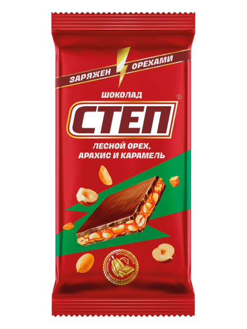 Шоколад Степ молочный с лесным орехом арахисом и карамелью, 80г