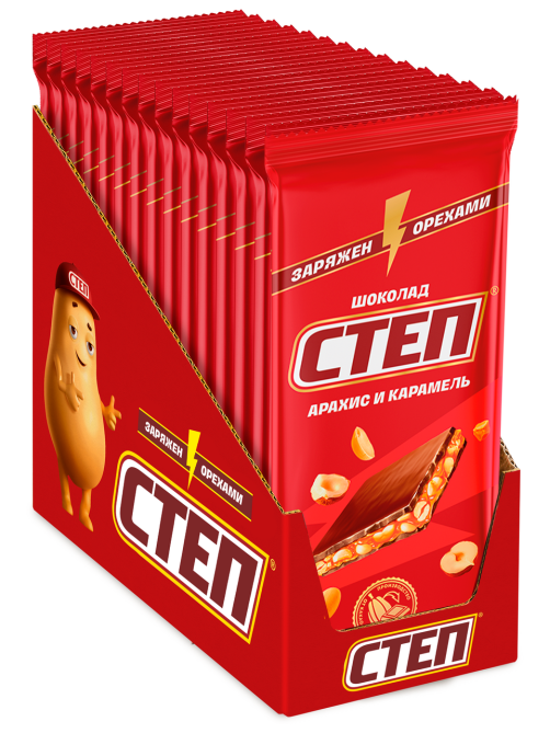 Шоколад Степ молочный с арахисом и карамелью, 80г