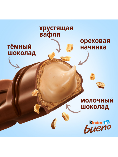 Вафли Kinder Bueno покрытые молочным шоколадом с молочно-ореховой начинкой 43г x 3шт, 129г