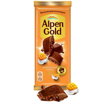 Шоколад молочный Alpen Gold Тропический кокос с фруктовыми кусочками со вкусом манго, ананаса, маракуйи, 80г