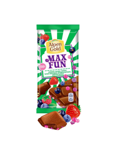 Шоколад Alpen Gold Max Fun Ягоды-карамель-шипучие шарики молочный, 140г