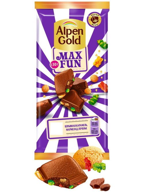 Шоколад Alpen Gold Max Fun Карамель-мармелад-печенье молочный, 140г