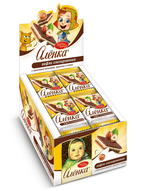 Вафли Аленка глазированные с молочной начинкой, орехами и какао, 20г