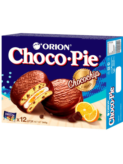 Пирожное Orion Choco Pie Chocochip бисквитное c апельсиновым джемом и шоколадной крошкой, 360г