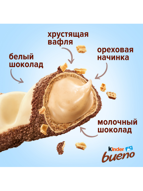 Вафли Kinder Bueno White покрытые белым шоколадом с молочно-ореховой начинкой, 39г