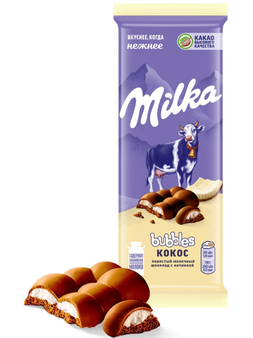 Шоколад Milka Bubbles Кокос пористый молочный, 87г