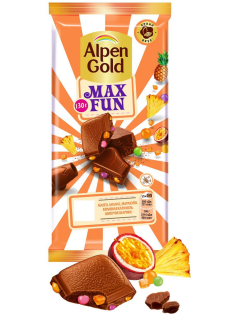Шоколад Alpen Gold Max Fun Фруктовые кусочки-рис-шарики карамели, 140г