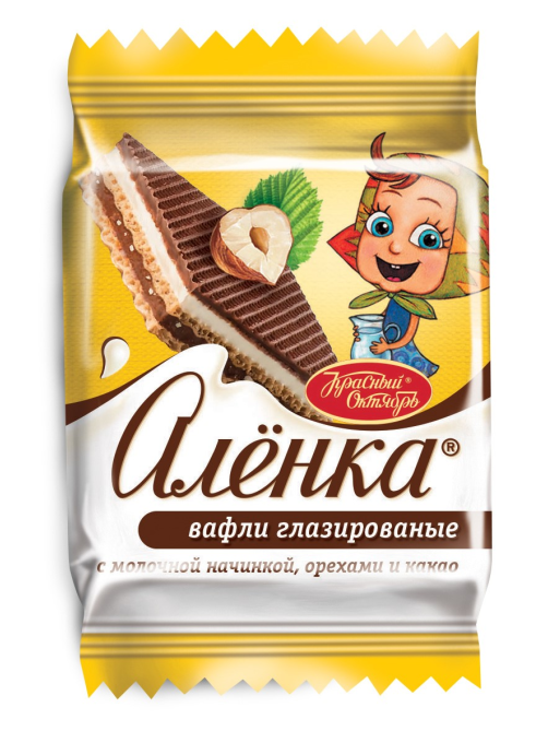 Вафли Аленка глазированные с молочной начинкой, орехами и какао, 20г