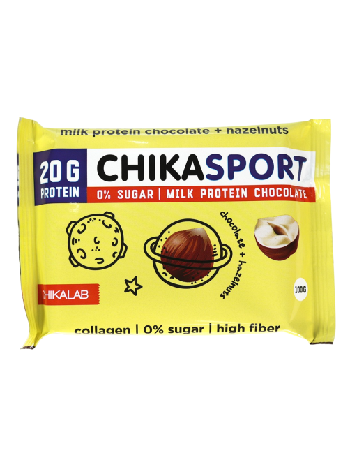 Шоколад протеиновый Chikalab Chikasport молочный с фундуком без сахара, 100г
