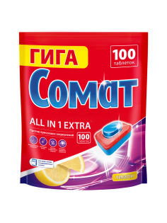 Таблетки для посудомоечной машины Сомат Гига Все-в-1 Экстра лимон, 100шт