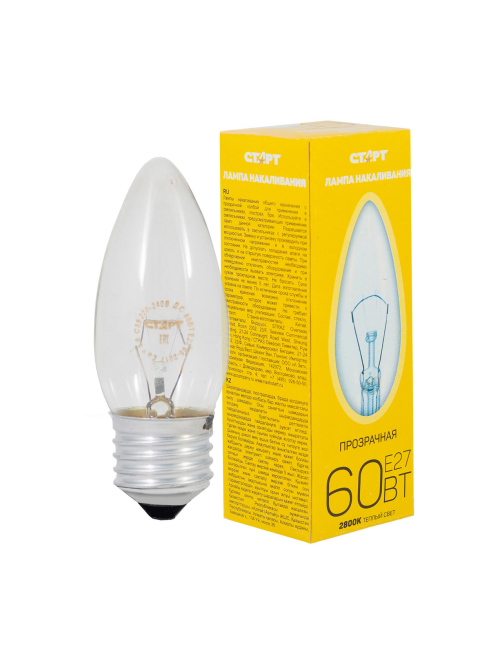 Лампа накаливания Старт E27 60W 230V свеча ДС прозрачная