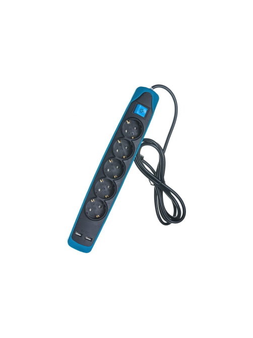 Удлинитель Electraline 5Р+2USB с выключателем 3x1-2М с заземлением силикон черно-синий, 2м