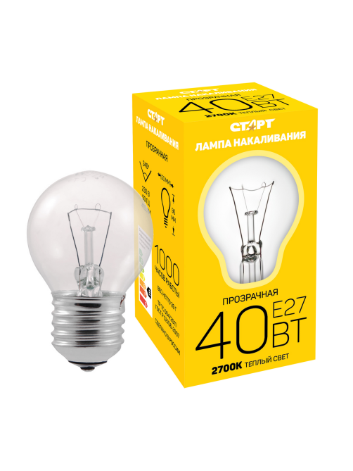 Лампа накаливания Старт E27 40W 230V шар ДШ прозрачная