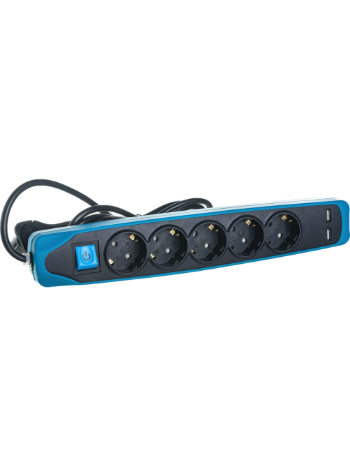 Удлинитель Electraline 5Р+2USB с выключателем 3x1-2М с заземлением силикон черно-синий, 2м