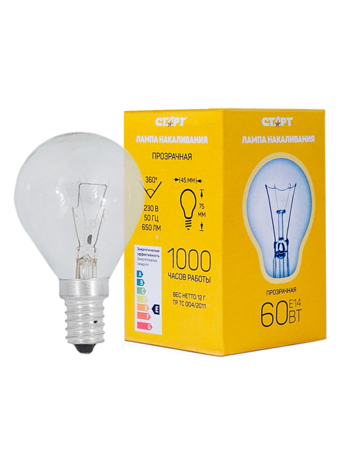 Лампа накаливания Старт E14 60W 230V шар ДШ прозрачная