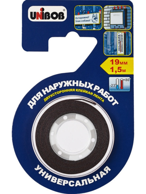 Клейкая лента Unibob двусторонняя для наружных работ, 19мм x 1.5м