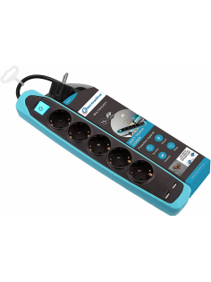 Удлинитель Electraline 5Р+2USB с выключателем 3x1-2М с заземлением силикон черно-синий, 2м