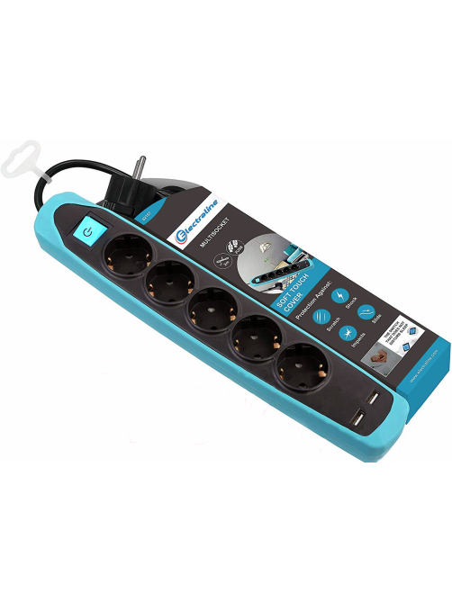 Удлинитель Electraline 5Р+2USB с выключателем 3x1-2М с заземлением силикон черно-синий, 2м