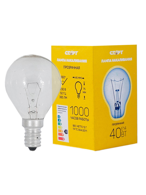 Лампа накаливания Старт E14 40W 230V шар ДШ прозрачная