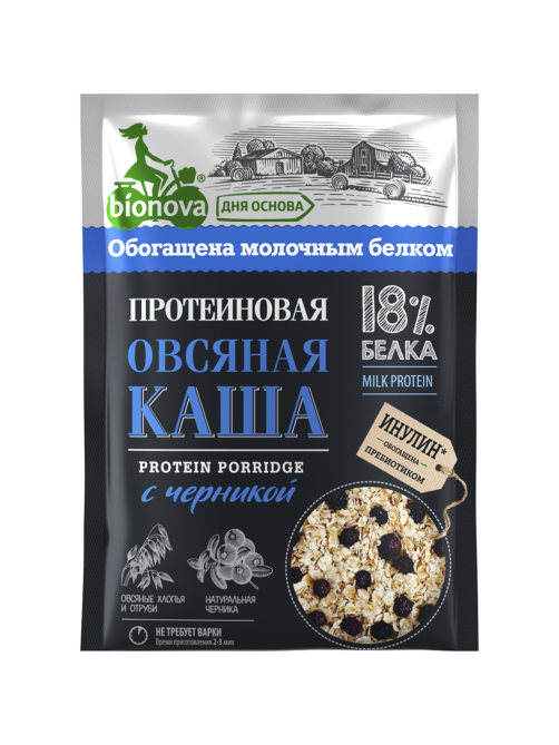 Каша протеиновая Bionova овсяная Черника не требующая варки, 40г