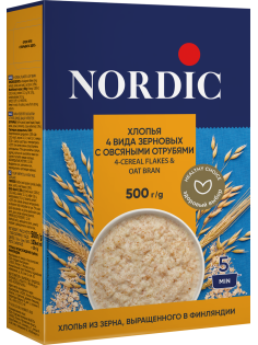 Хлопья Nordic 4 вида зерновых-овсяные отруби, 500г