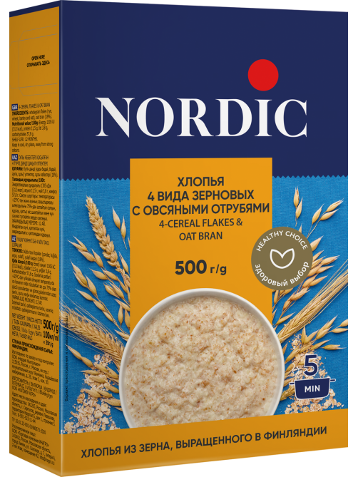 Хлопья Nordic 4 вида зерновых-овсяные отруби, 500г