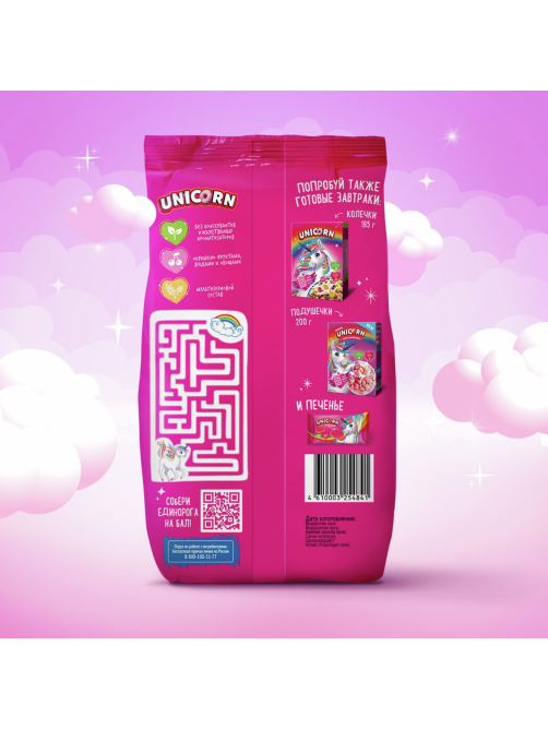 Готовый завтрак Unicorn Радужные колечки с фруктовым вкусом цельнозерновые, 375г