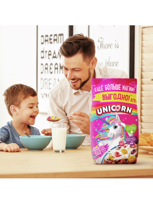 Готовый завтрак Unicorn Радужные колечки с фруктовым вкусом цельнозерновые, 375г