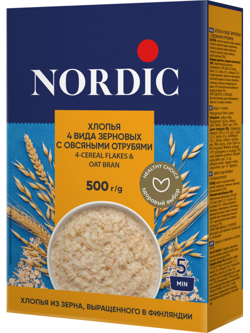 Хлопья Nordic 4 вида зерновых-овсяные отруби, 500г