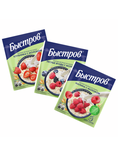 Каша Быстров Ассорти овсяная клубника, малина, лесные ягоды без варки 6шт, 240г