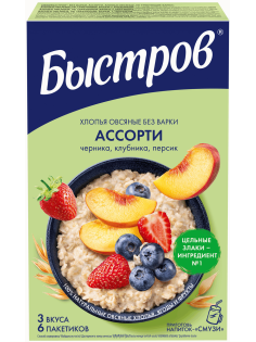 Каша Быстров Ассорти овсяная черника, клубника, персик без варки 6шт, 240г