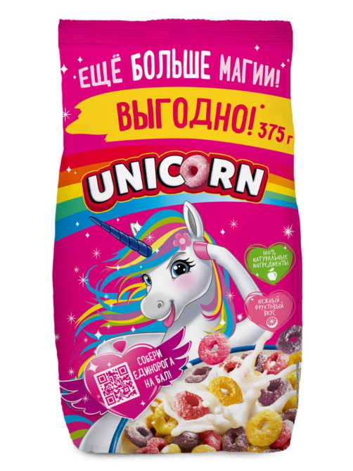Готовый завтрак Unicorn Радужные колечки с фруктовым вкусом цельнозерновые, 375г